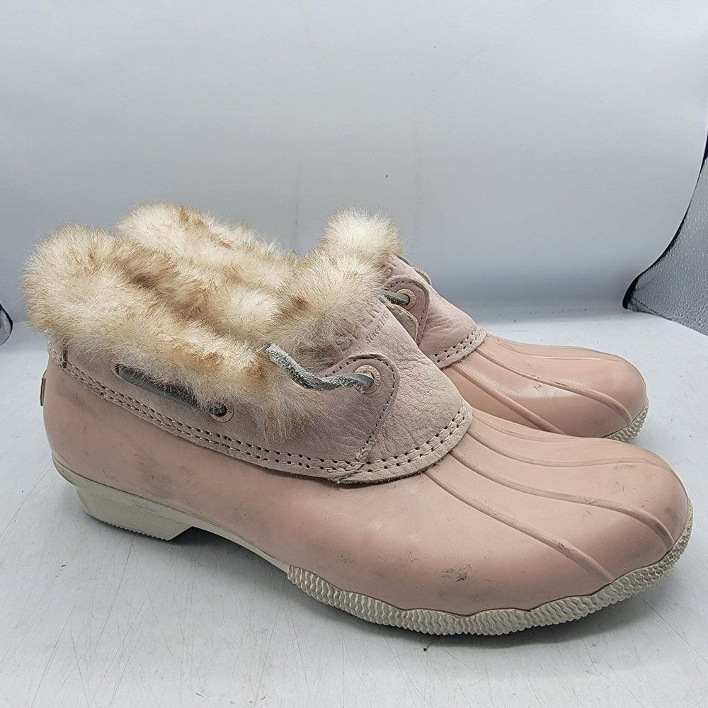 Sperry Top Sider Womens 8 Pink Faux Fur Lined Saltwater 1 Eye Cozy Rain Boot